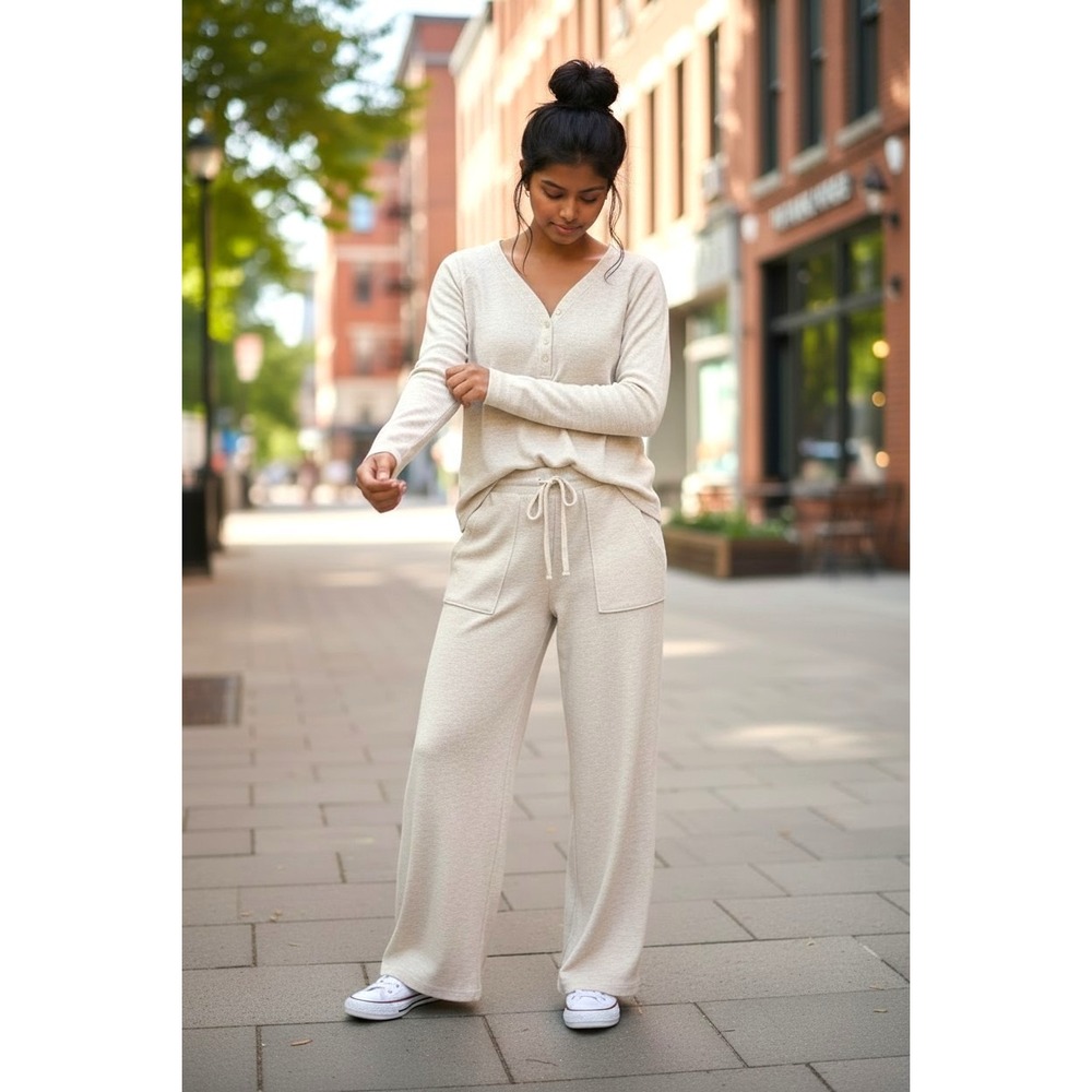 (L-308) Berkshire Homewear 2 Pc Waffle Lounge Set White XS Soft Stretch NWT QVC